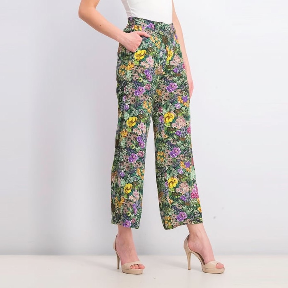 MNG Mango Tropical Floral Pants Emerald Green Birds of Paradise Size Small - Picture 2 of 12